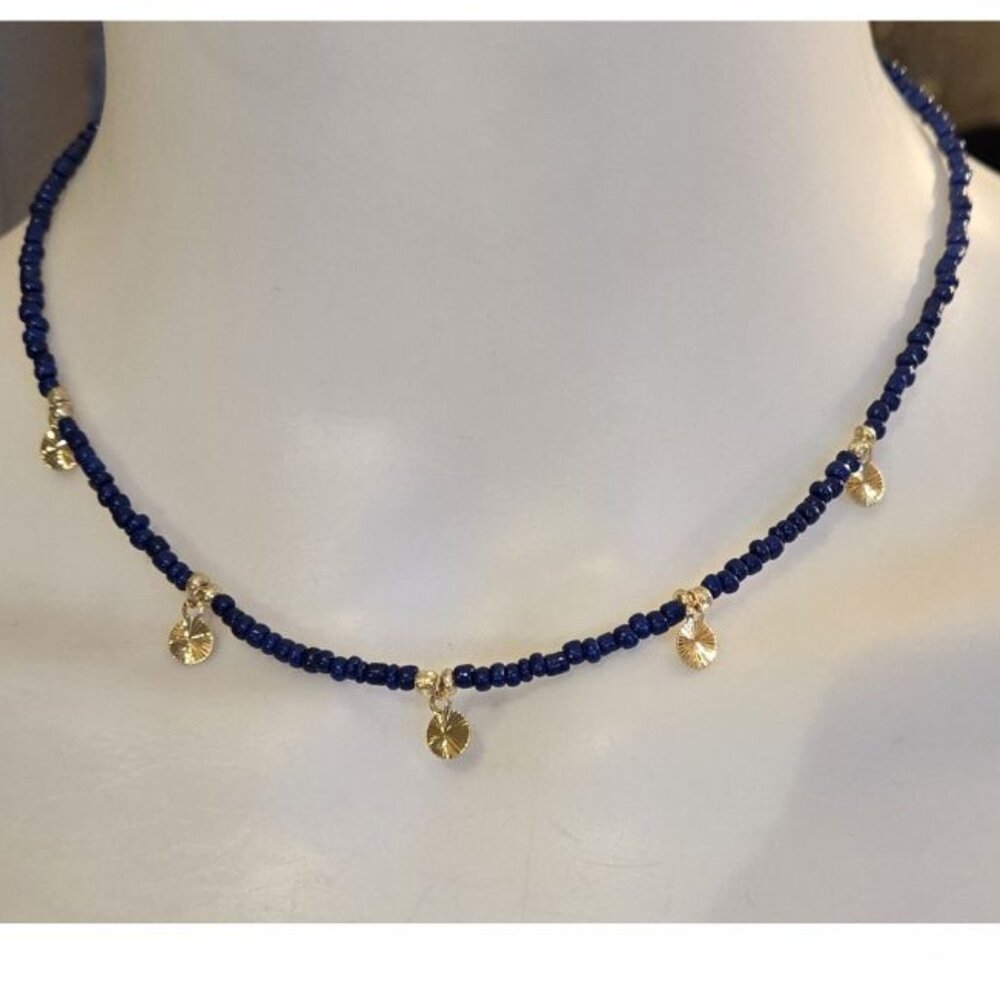 Blue Beads Gold Charms Necklace